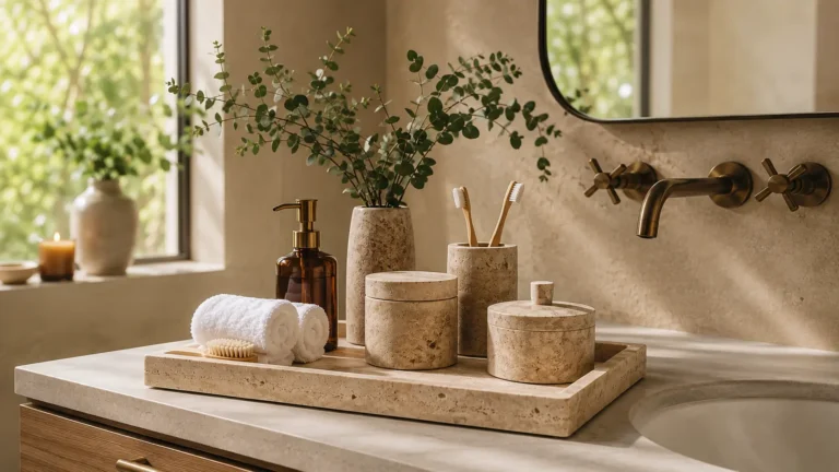 Luxury travertine bathroom set with vanity tray, soap dispenser, storage jars, white towels, and spa-inspired decor on a modern bathroom countertop.
