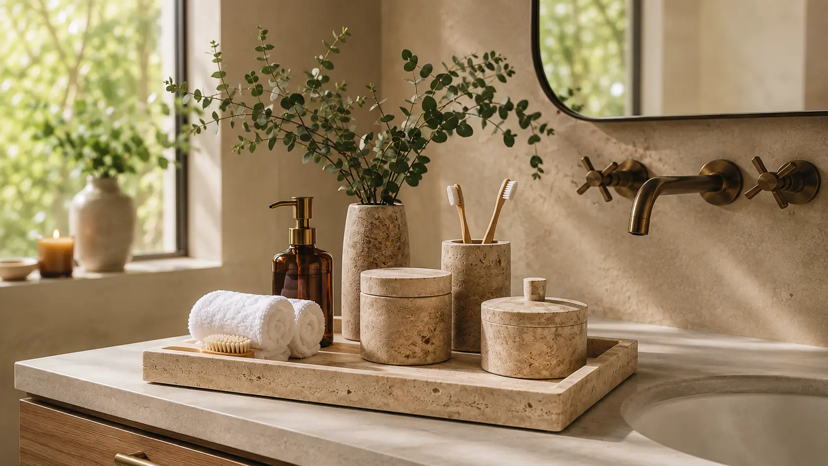 Luxury travertine bathroom set with vanity tray, soap dispenser, storage jars, white towels, and spa-inspired decor on a modern bathroom countertop.