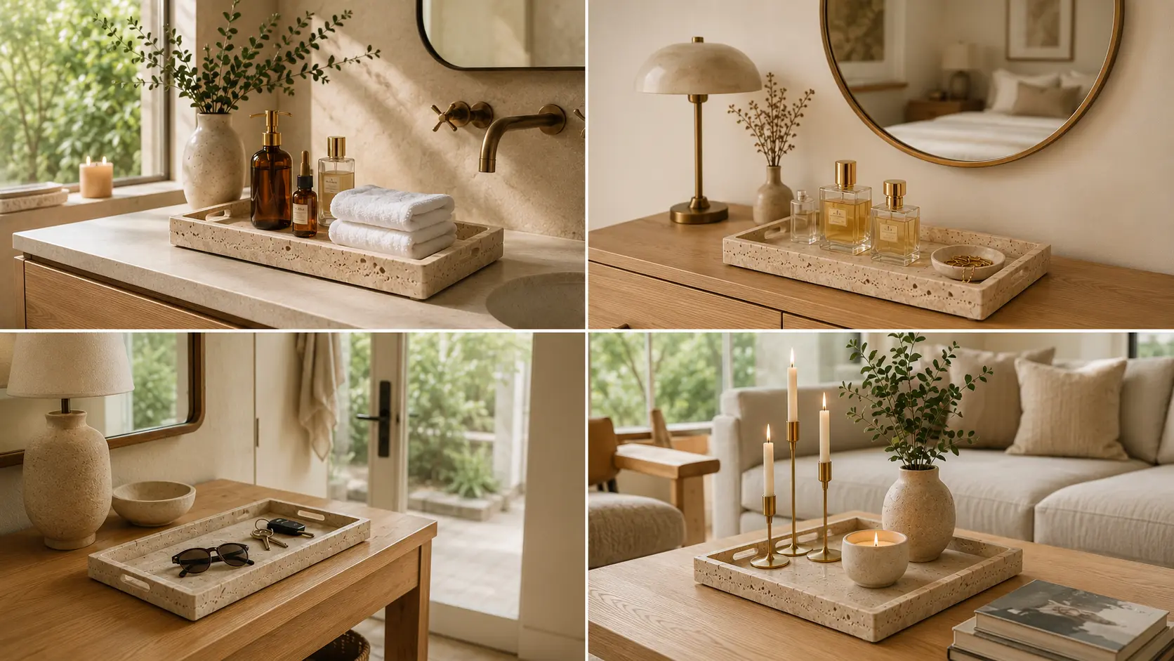 Natural travertine vanity tray styled in a bathroom, bedroom dresser, entryway console, and living room with luxury organic modern decor.