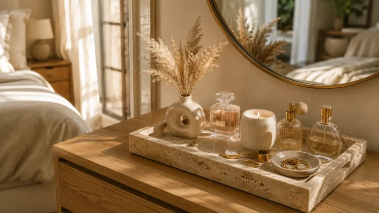 Travertine tray bedroom decor styled on a luxury dresser with perfume bottles, jewelry, candles, and elegant neutral bedroom accessories.