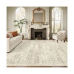 Soalmost Washable Area Rug 8x10 in beige with vintage pattern in a modern living room