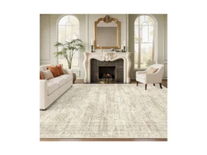 Soalmost Washable Area Rug 8x10 in beige with vintage pattern in a modern living room