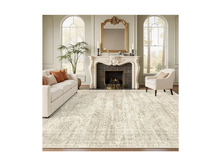 Soalmost Washable Area Rug 8x10 in beige with vintage pattern in a modern living room