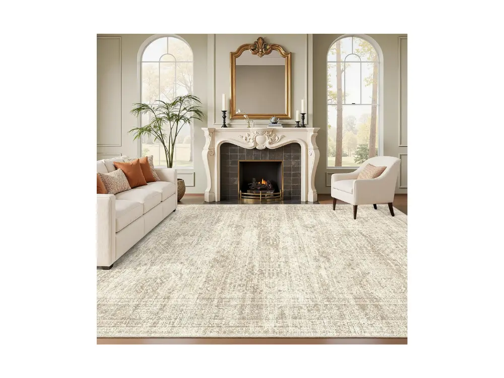 Soalmost Washable Area Rug 8x10 in beige with vintage pattern in a modern living room
