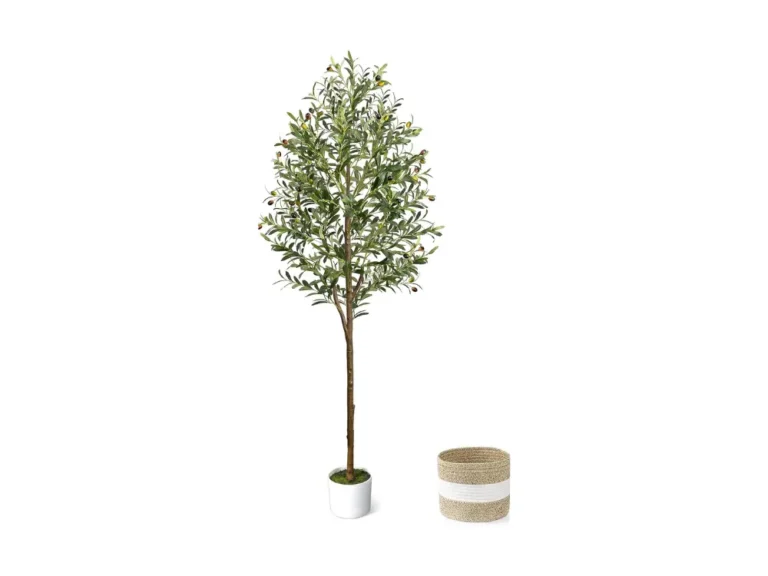 Six foot artificial olive tree indoor displayed in a woven seagrass basket in a modern living room