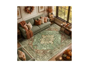 RELEANY Washable Area Rug in 8x10 brick brown and green medallion pattern styled in a living room