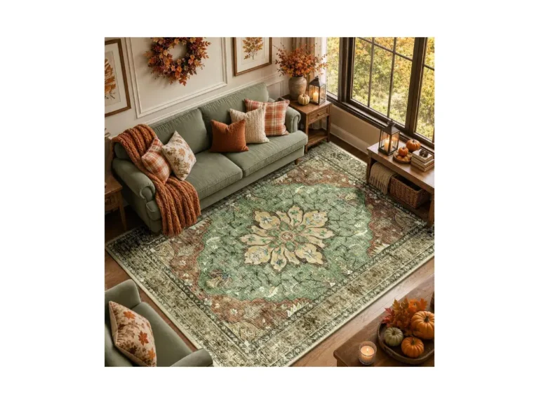 RELEANY Washable Area Rug in 8x10 brick brown and green medallion pattern styled in a living room