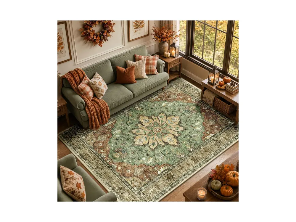 RELEANY Washable Area Rug in 8x10 brick brown and green medallion pattern styled in a living room