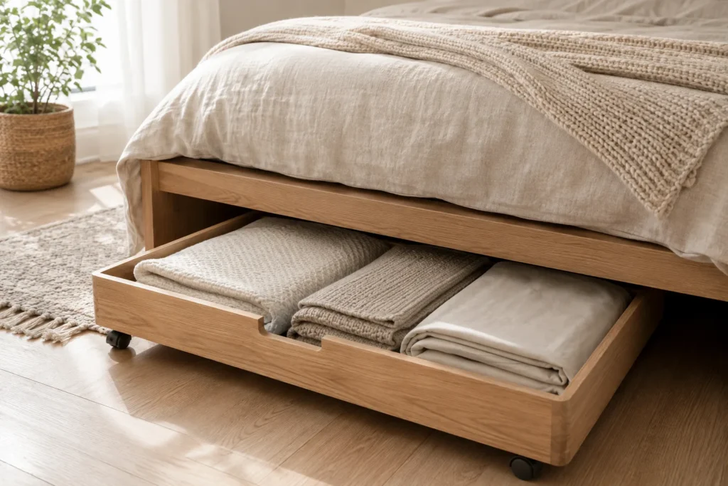 under bed rolling storage drawer holding folded linens in compact bedroom