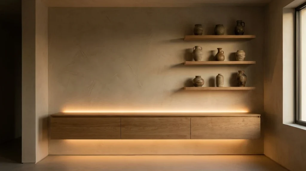 Floating wood media console with concealed warm LED strip backlighting on a limewash living room wall.