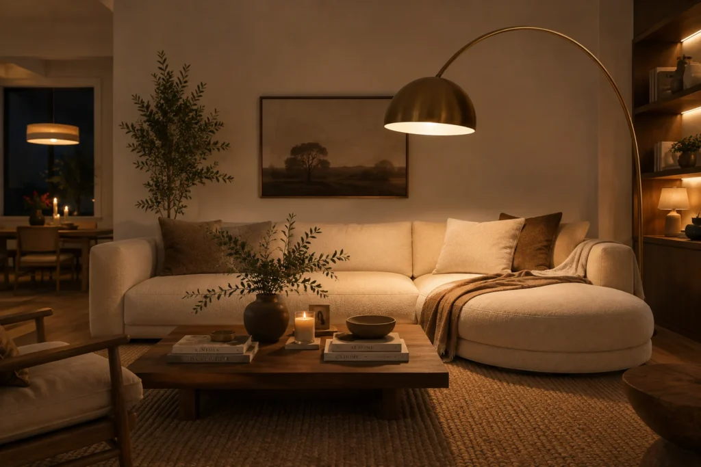 Oversized matte black arc floor lamp positioned above a boucle sectional sofa in a warm living room