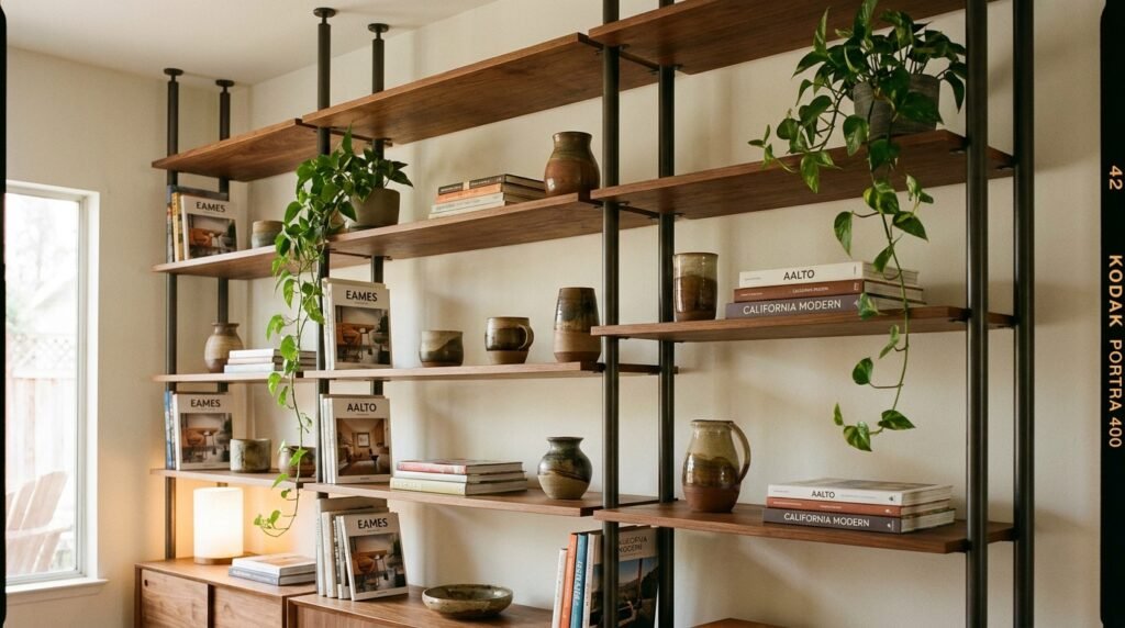 Modern floor-to-ceiling black metal and wood tension shelving unit displaying books, ceramics, and small trailing plants