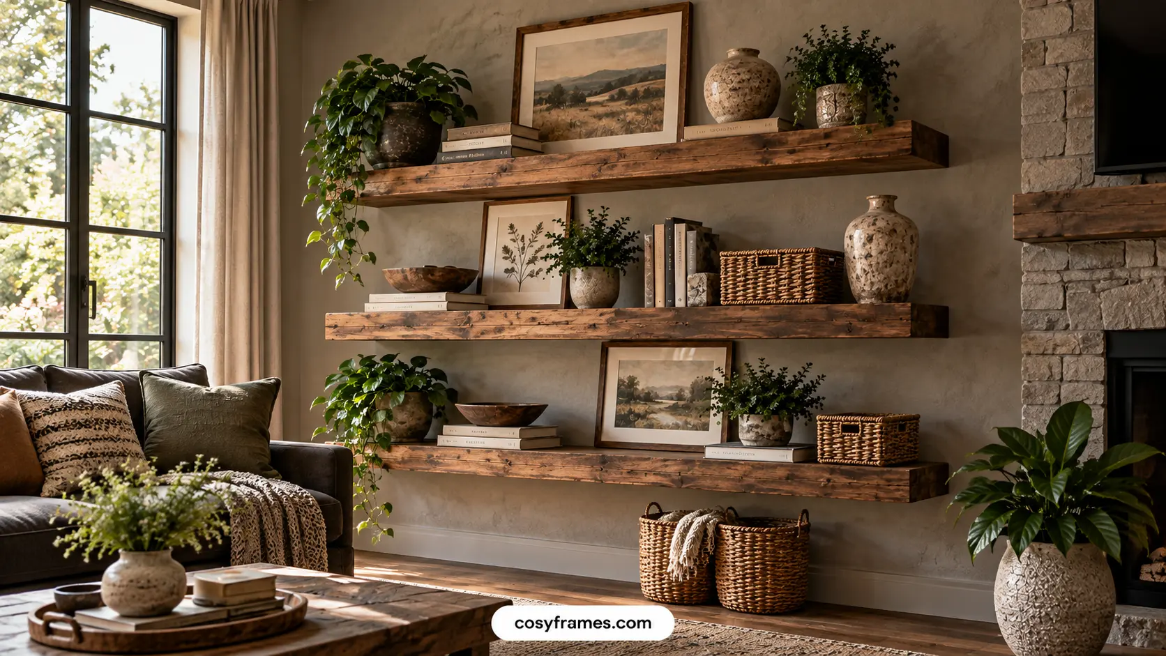 Floating wood shelf decor ideas: 36-inch oak shelf with a 12-inch cream vase, stacked books, and trailing pothos