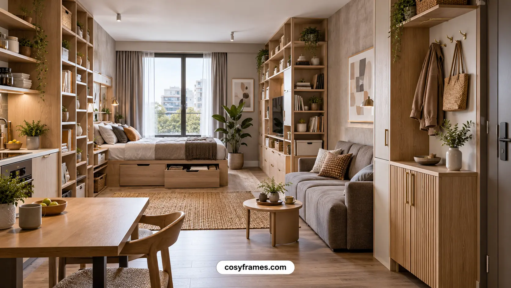modern small apartment storage solutions with vertical shelving and multifunctional furniture
